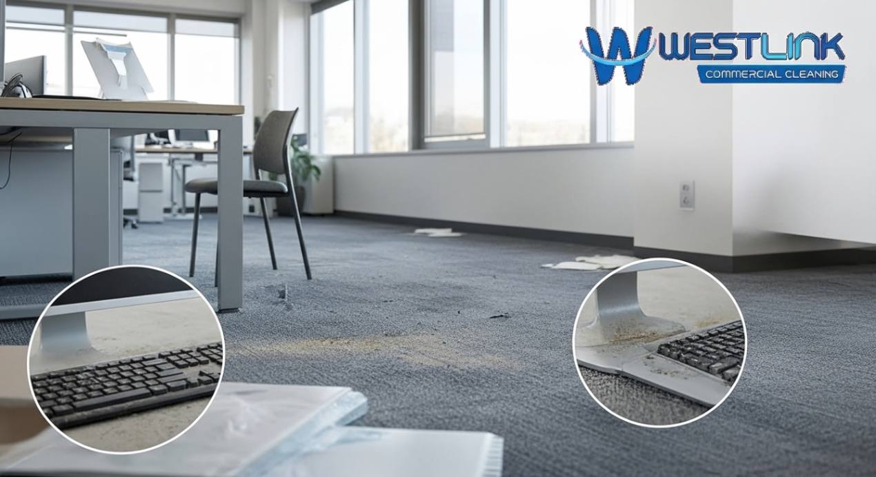 Commercial office showing areas commonly missed during cleaning such as under desks and window sills