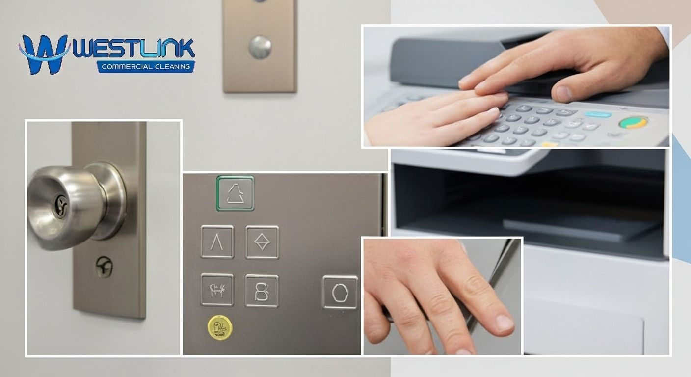 Commercial cleaner sanitizing doorknobs and printer buttons often missed in office cleaning