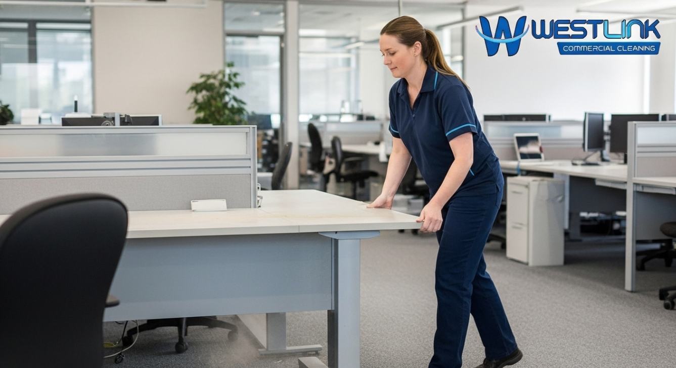 Cleaner moving office furniture to remove dust and dirt from hidden corners