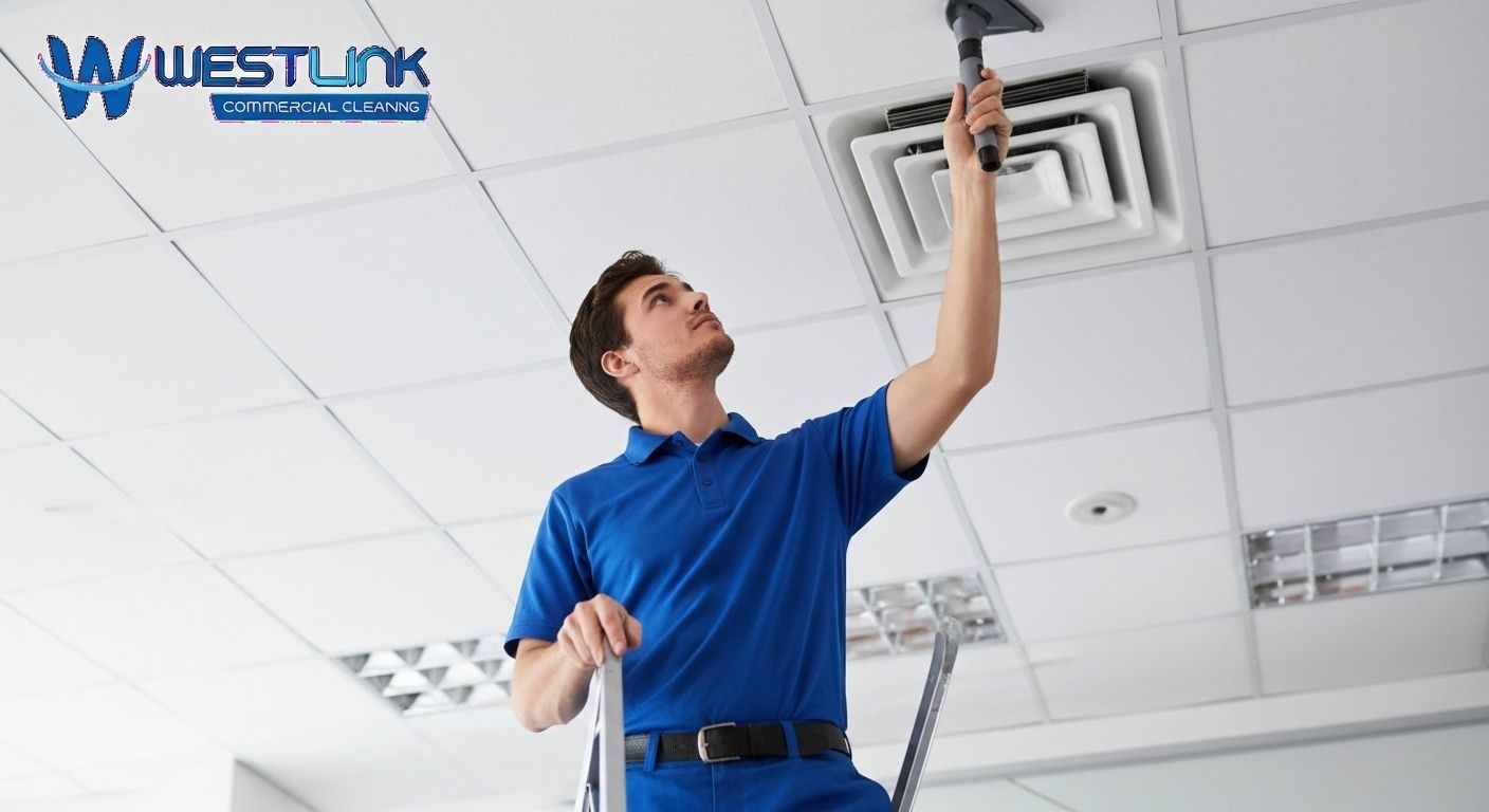 Commercial cleaner wiping air vents and ceiling fixtures often missed in office cleaning routines