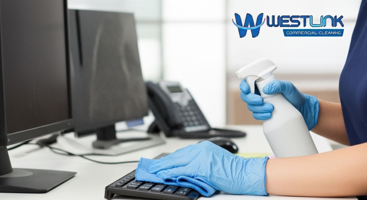 Professional cleaner wiping office keyboards, monitors, and phones to remove dust buildup