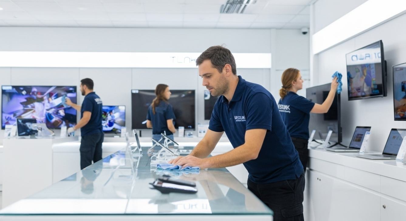 Professional cleaners wiping down electronic displays, screens, and counters in a modern showroom.