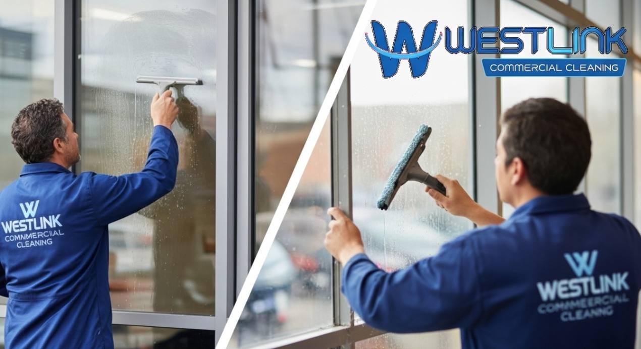 Cleaner washing exterior commercial windows with professional tools