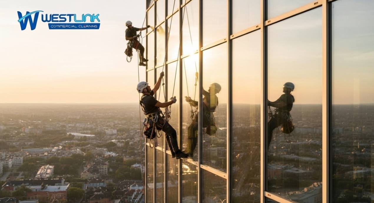Rope access cleaners washing skyscraper high rise windows during sunset.