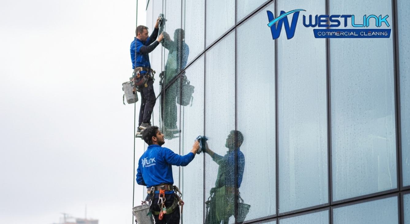 Window cleaners maintaining high-rise glass in light rain.