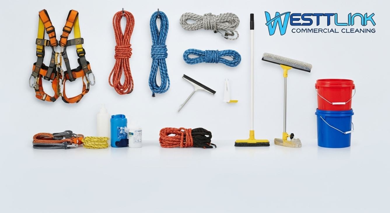 Professional high-rise window cleaning equipment arranged neatly, including harnesses, ropes, squeegees, buckets, and cleaning supplies