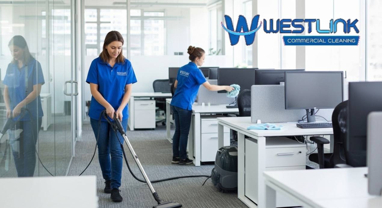 Commercial office cleaning team maintaining cleanliness and hygiene in a modern workspace