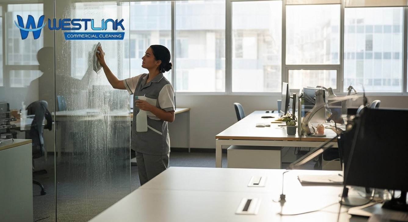 Professional cleaner wiping office windows and sanitizing desks in a commercial space