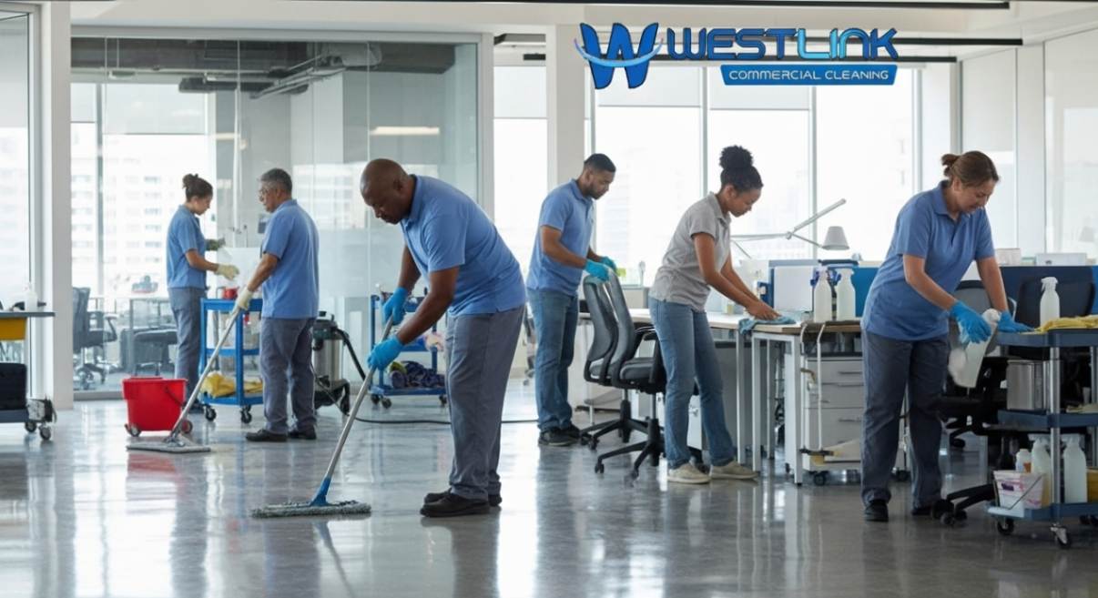 Commercial cleaning team performing deep cleaning in a large corporate office