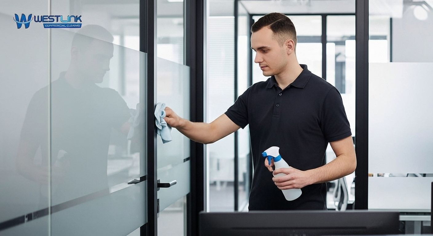 Cleaner disinfecting door handles and high-touch areas in a commercial office