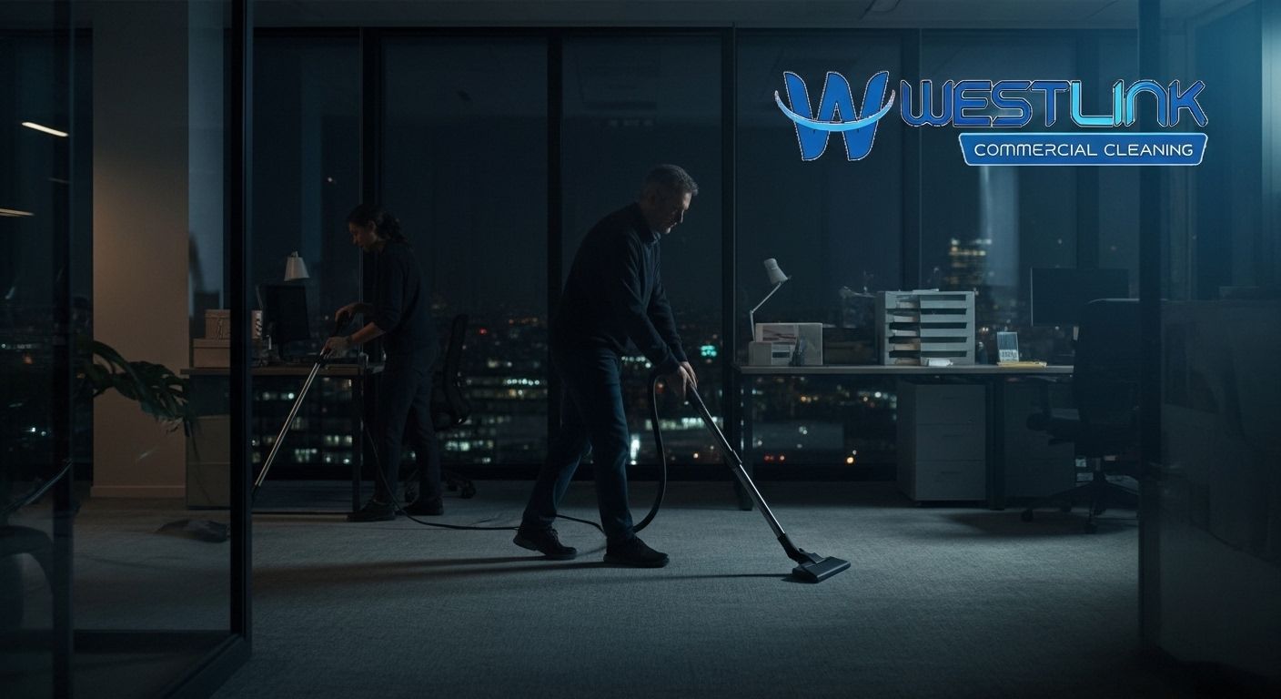 Professional cleaners performing after-hours office cleaning in a corporate workspace