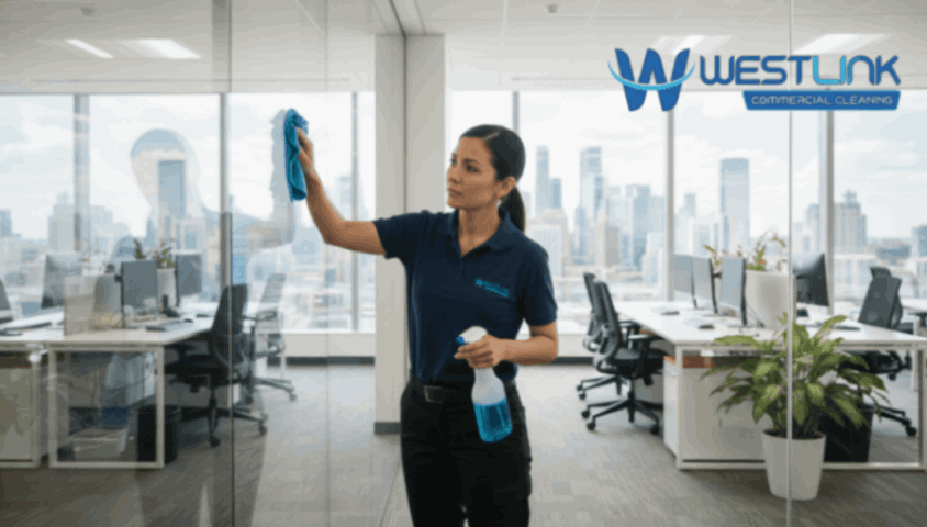 Commercial cleaner wiping large office glass panels for streak-free clarity