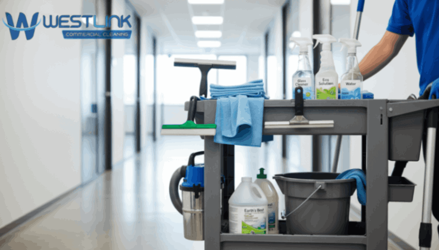 Essential commercial glass cleaning tools and eco-friendly products arranged on cleaning cart
