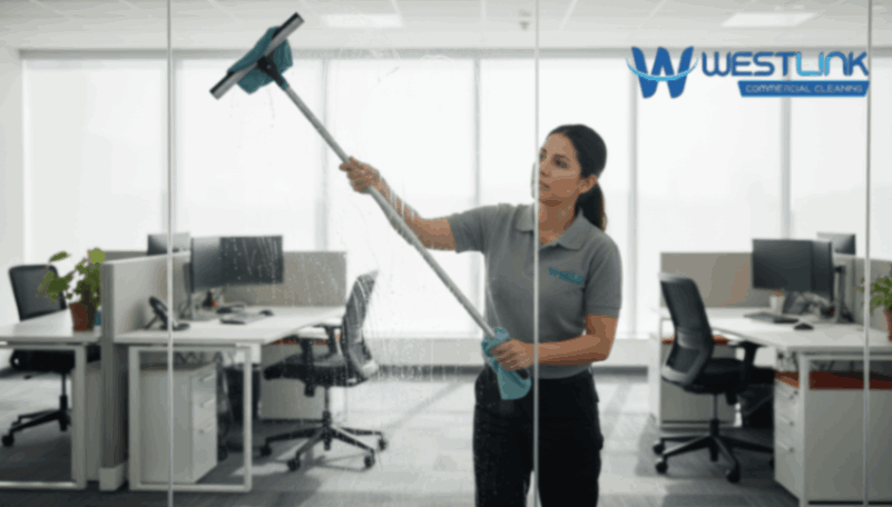 Cleaner wiping interior glass partitions between office cubicles to remove fingerprints