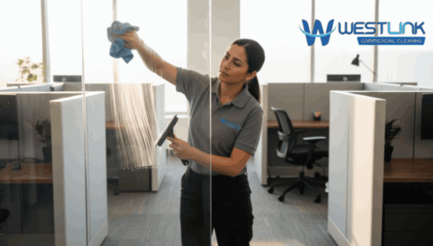 Commercial cleaner wiping large office glass panels for streak-free clarity