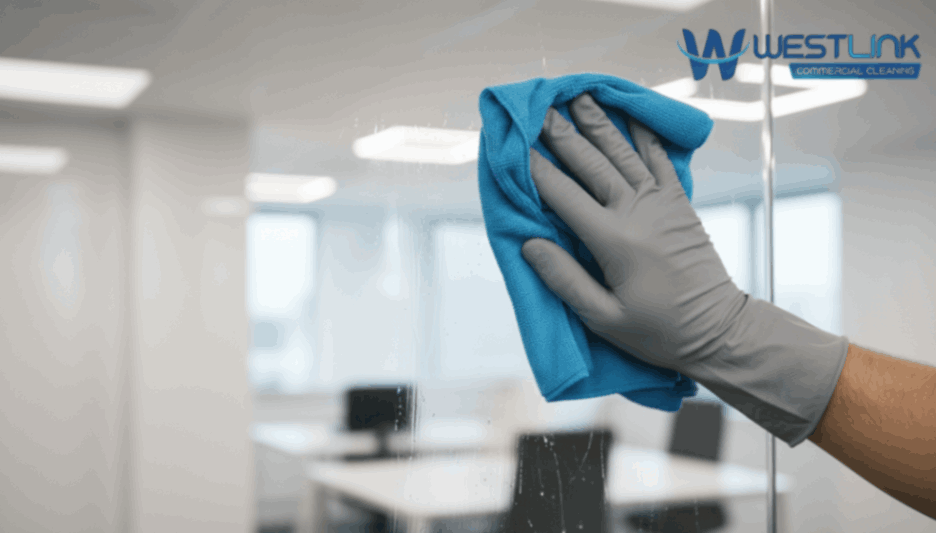 Close-up of cleaner wiping office glass surface for a streak-free finish
