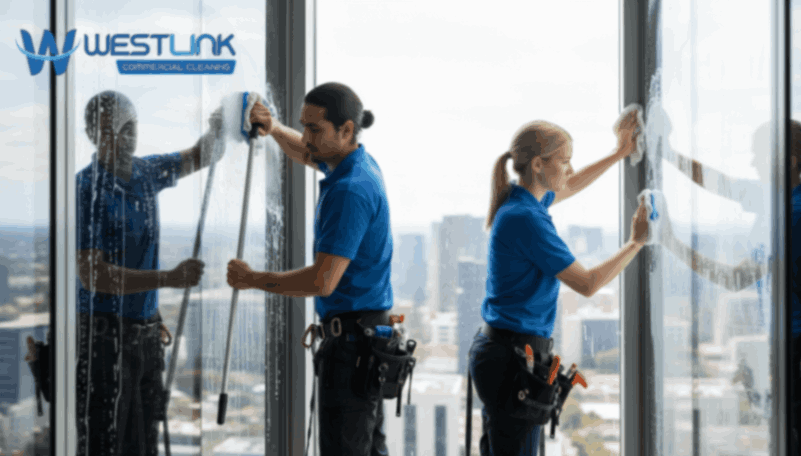 Team of professional cleaners working together on large commercial office windows