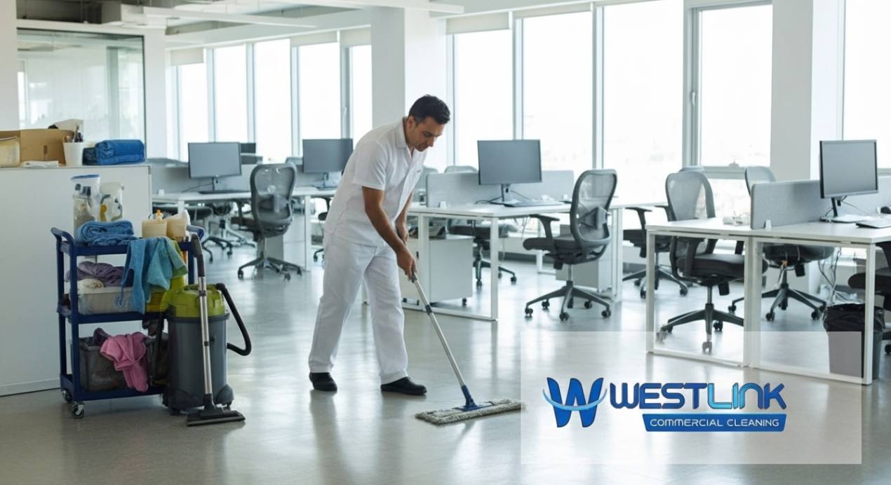 Janitorial staff using professional equipment to clean and polish Commercial office floors for enhanced hygiene and workplace appearance.