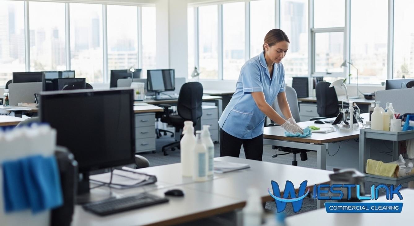 Cleaner wiping and disinfecting office desks, keyboards, and work surfaces to maintain hygiene and productivity.