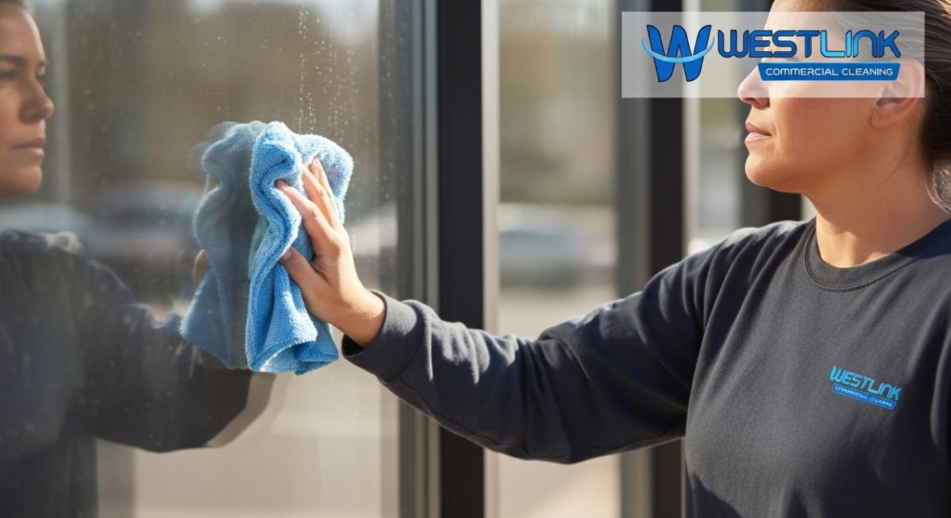 Commercial window cleaner using a reusable microfiber cloth on glass