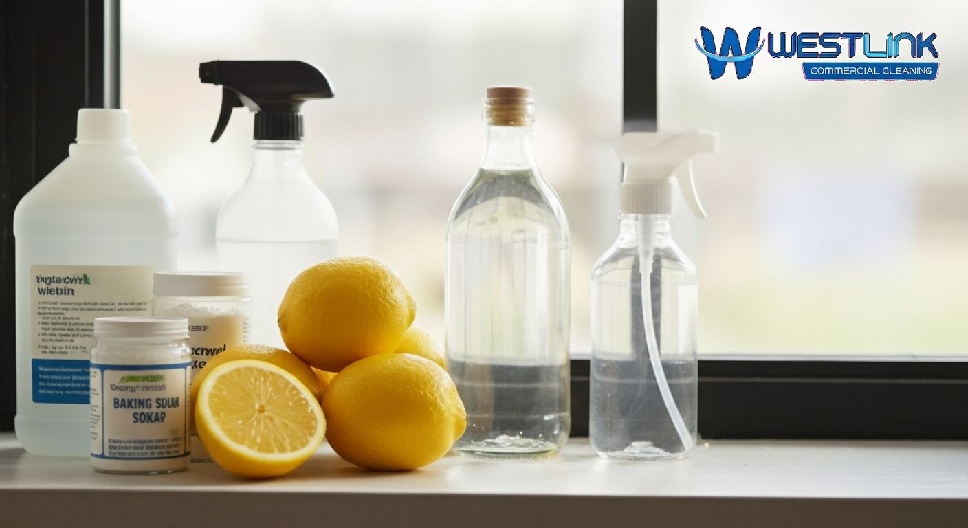 Window cleaning ingredients and reusable tools arranged for glass care