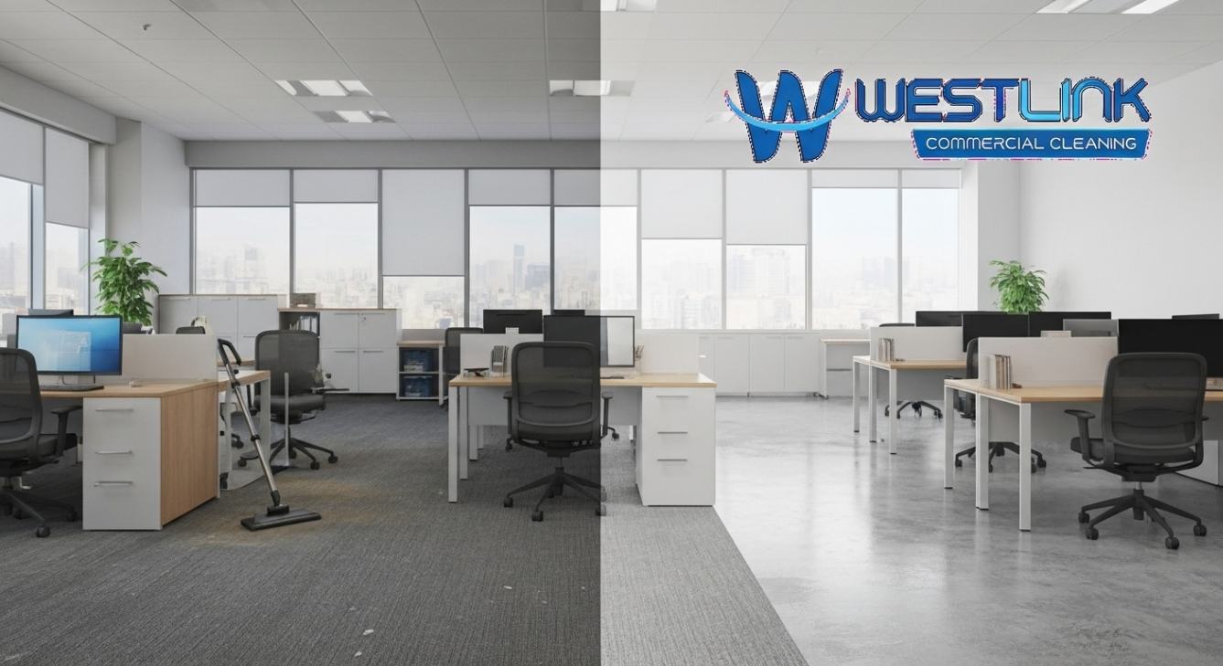 Comparison of regular vs deep office cleaning showing visual difference in cleanliness