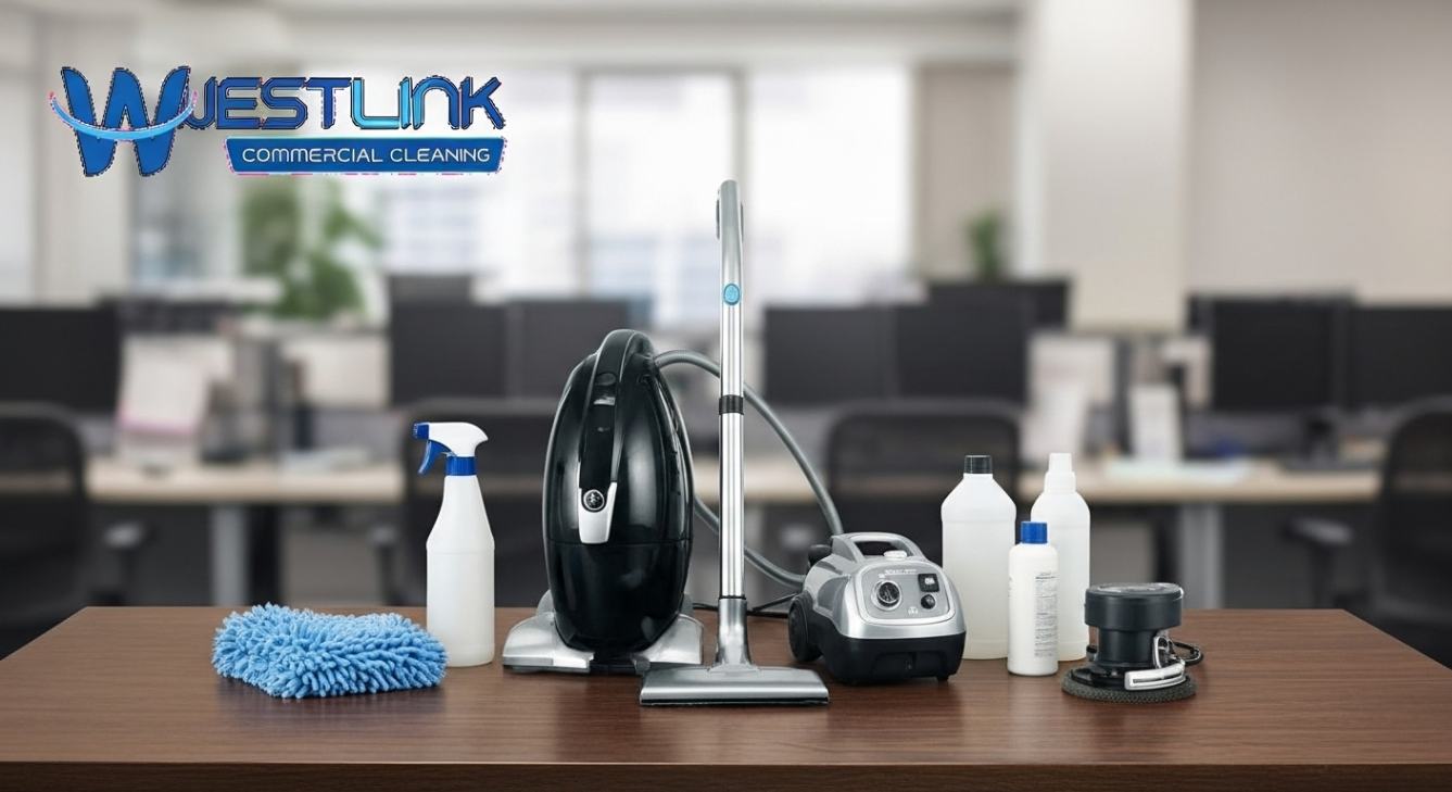 Commercial cleaning tools for regular and deep office cleaning displayed side by side