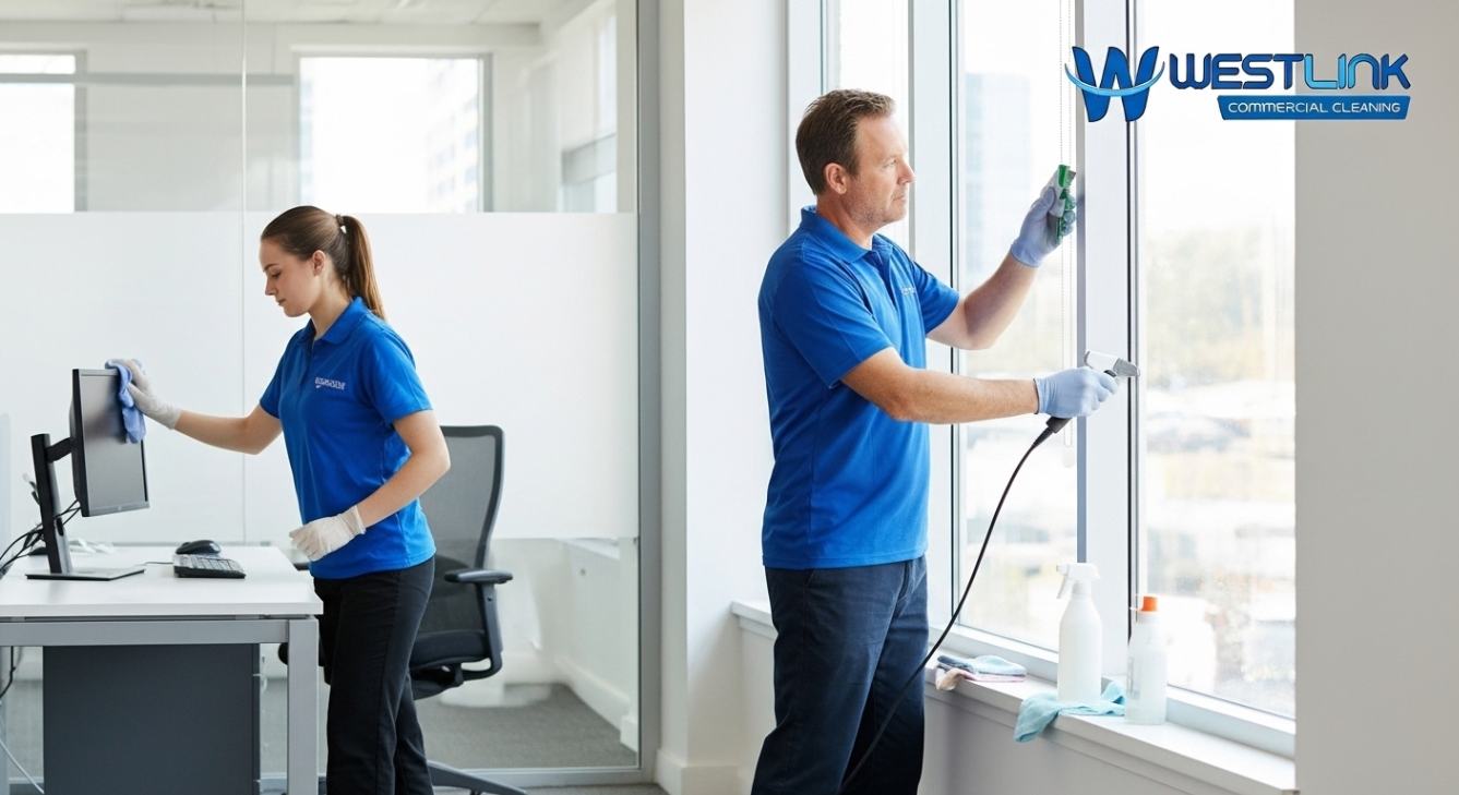 Cleaner performing detailed window and surface cleaning during deep office cleaning