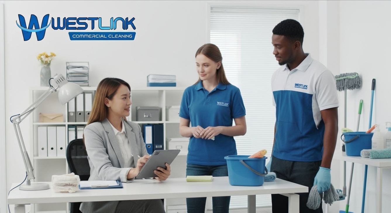 Office manager planning regular and deep cleaning schedule with cleaning team