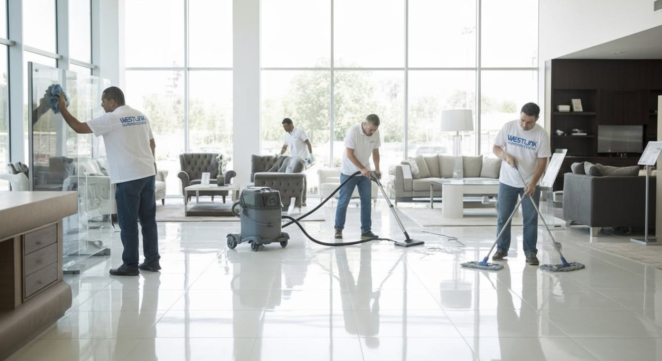 Cleaning staff mopping showroom floors and wiping glass counters to maintain a spotless, high-gloss car showroom interior.