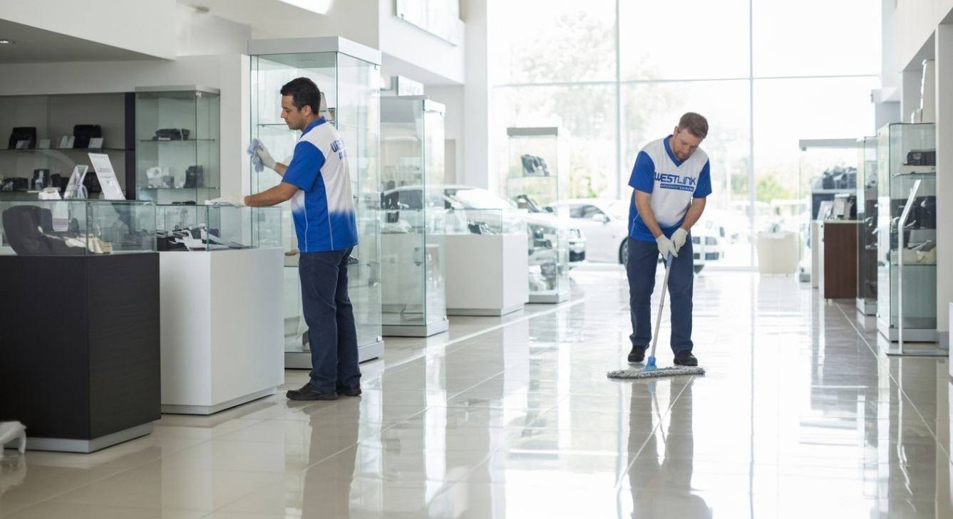 Professional cleaners from Westlink Commercial Cleaning polishing glass display counters and mopping glossy showroom floors to maintain spotless car displays.