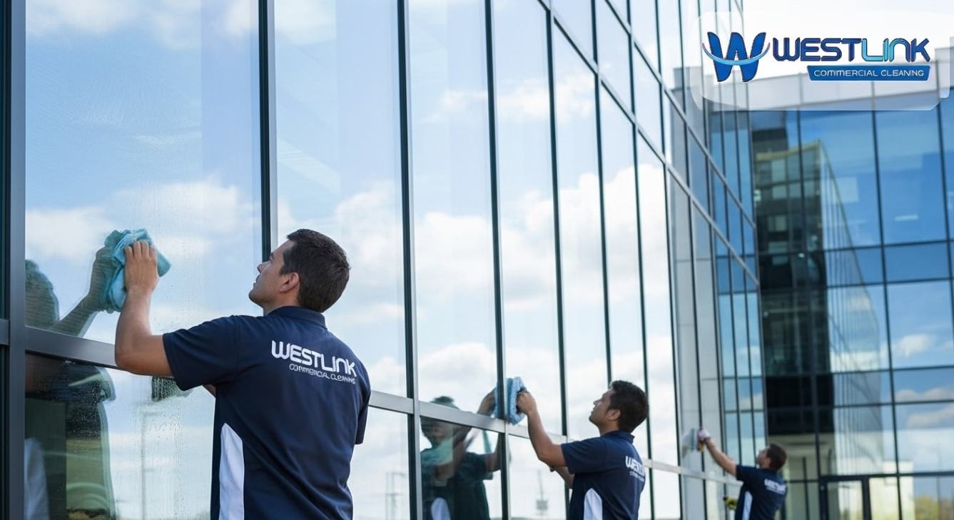 commercial office window cleaning worker using squeegee on glass facade