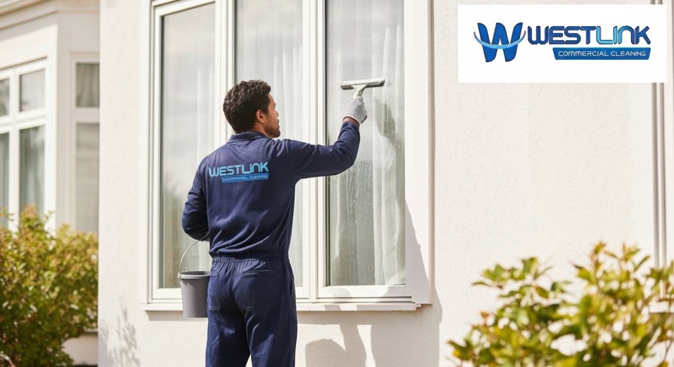 Commercial residential window cleaning with reflections of greenery and sunlight