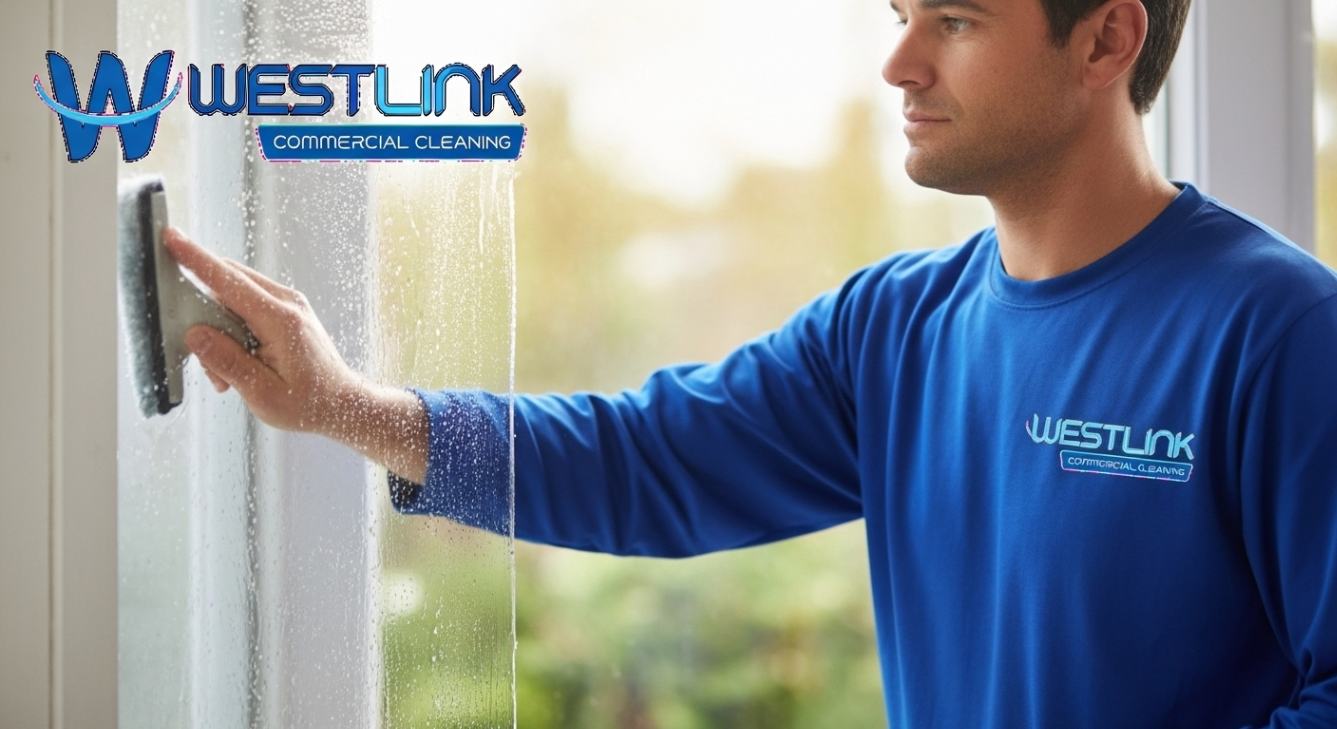 Professional commercial window cleaning worker maintaining glass surfaces for clarity