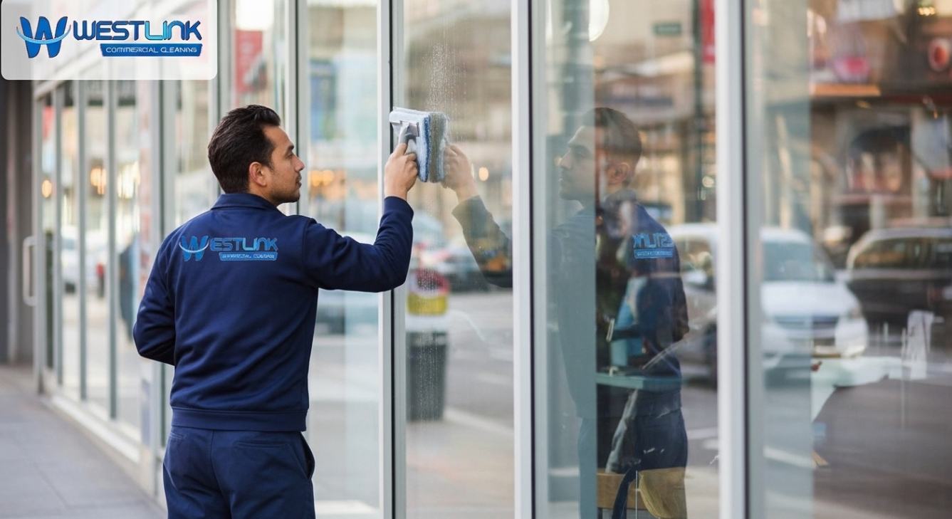 Commercial window cleaner polishing restaurant glass exterior with reflection