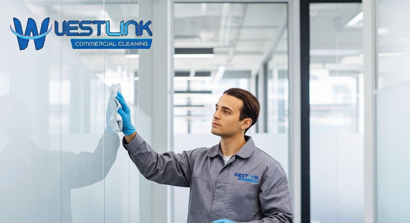 Commercial window cleaner wiping large glass panels in modern office building
