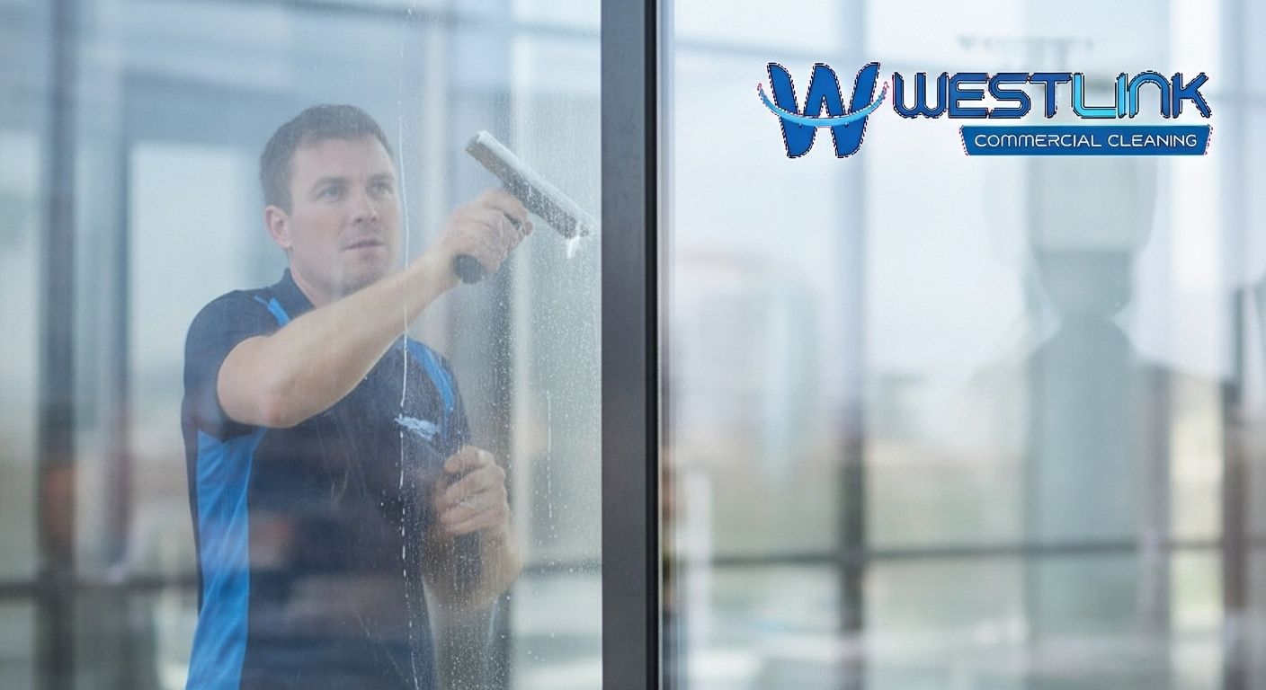 Commercial window cleaner showing before and after difference in glass clarity