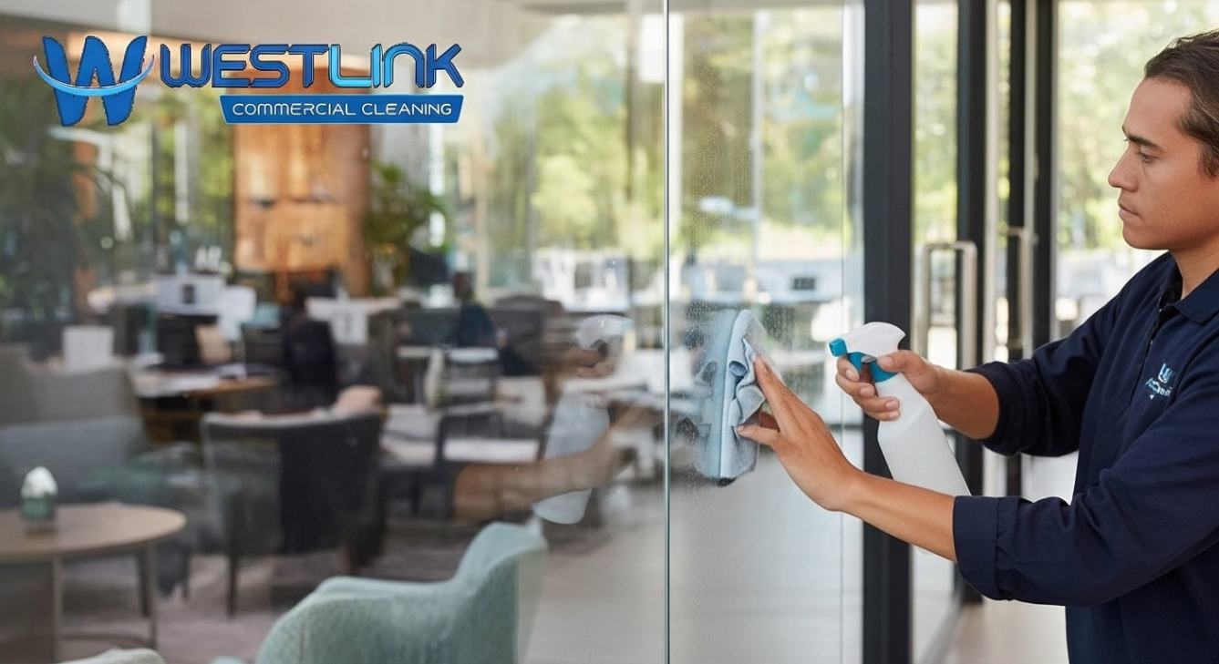 Cleaner wiping internal glass partitions inside a commercial office