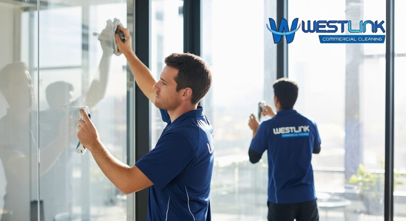 Professional cleaners wiping large glass windows inside a modern office building.