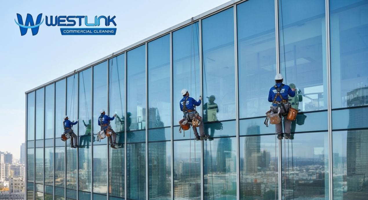 High-rise commercial window cleaners using rope-access equipment on a glazed building