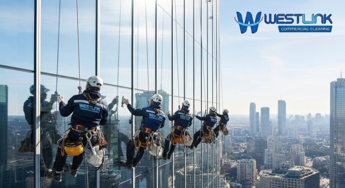 Rope-access commercial window cleaners working on a tall glazed building