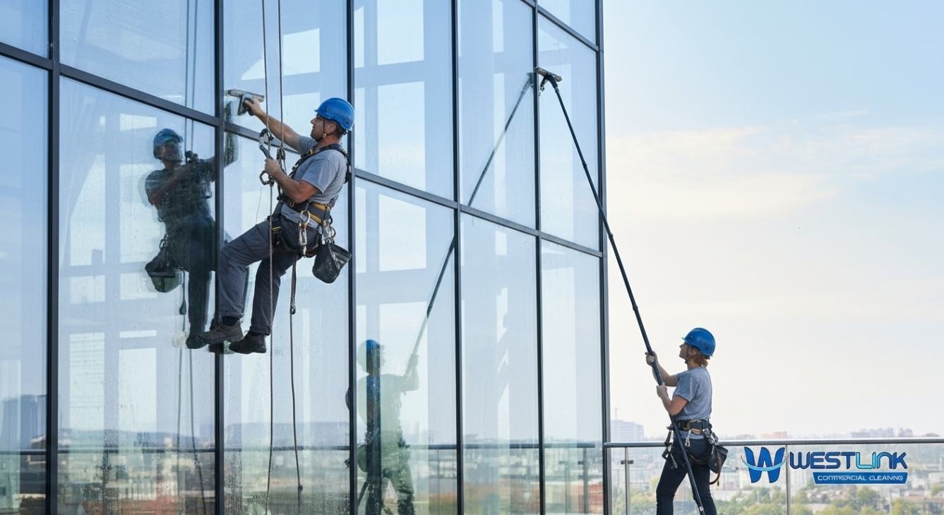 Professional high-rise window cleaners using rope access and extension poles for commercial glass cleaning in Australia – Westlink Commercial Cleaning team ensuring spotless results.