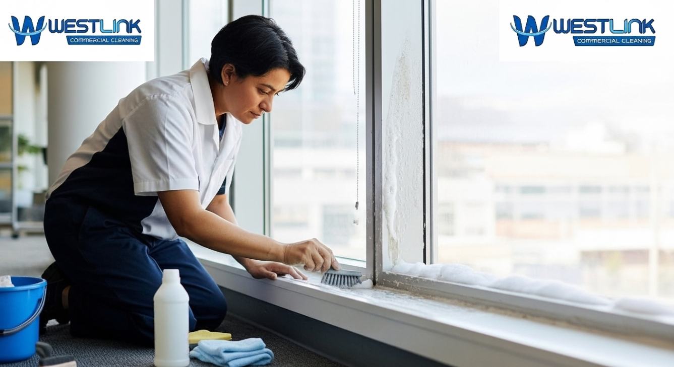 Commercial cleaner scrubbing window tracks with a detailing brush to remove grime and dirt.
