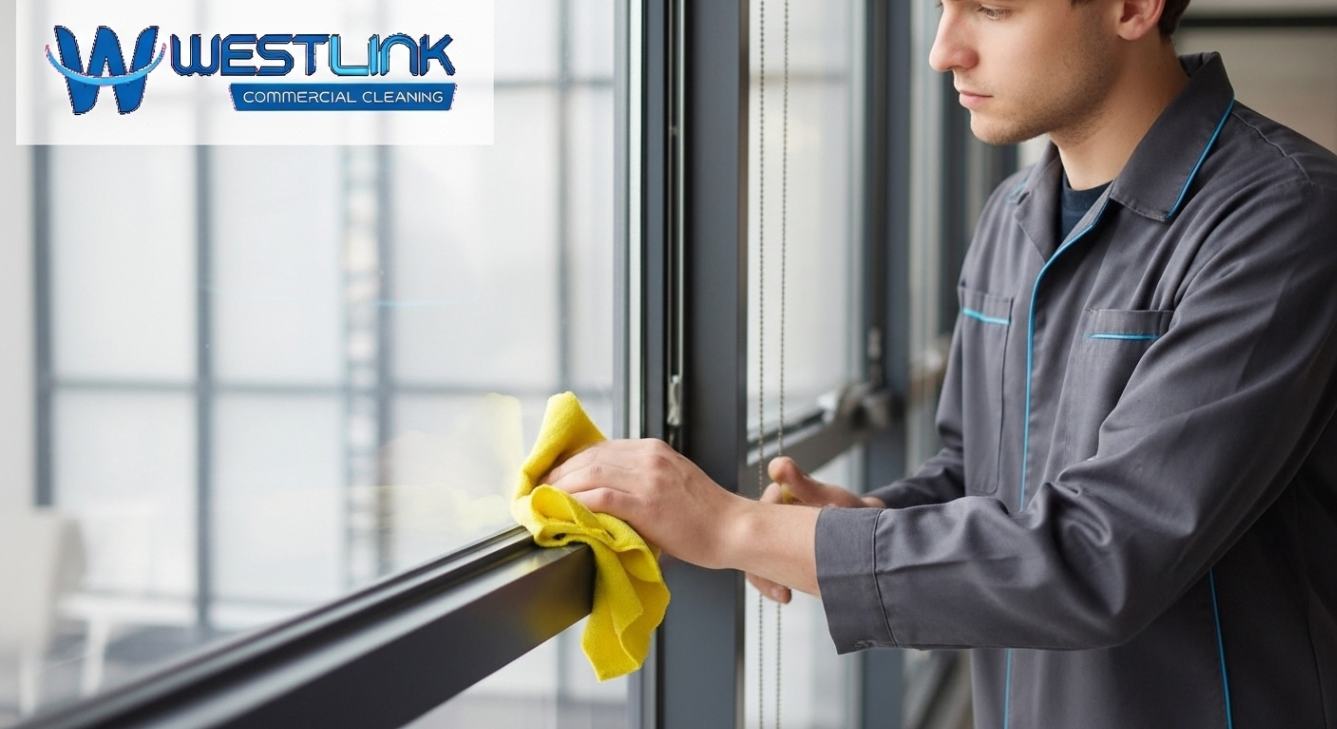Cleaner wiping commercial window tracks with a microfiber cloth after rinsing.