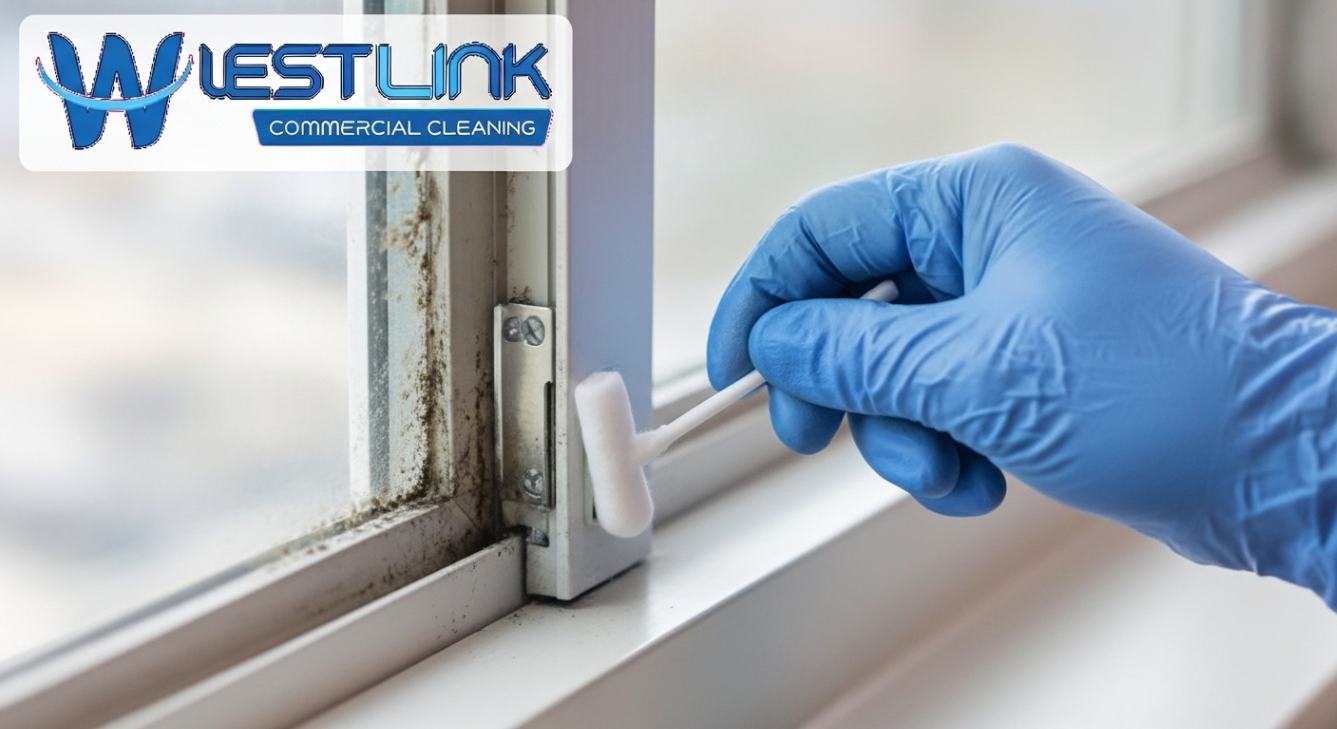 Cleaner using a cotton swab to clean tight corners of commercial window tracks.