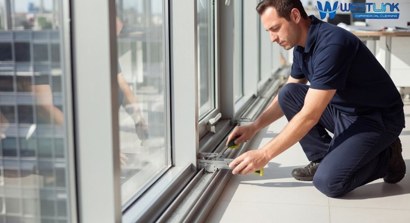 Professional cleaner inspecting spotless commercial window tracks under sunlight.