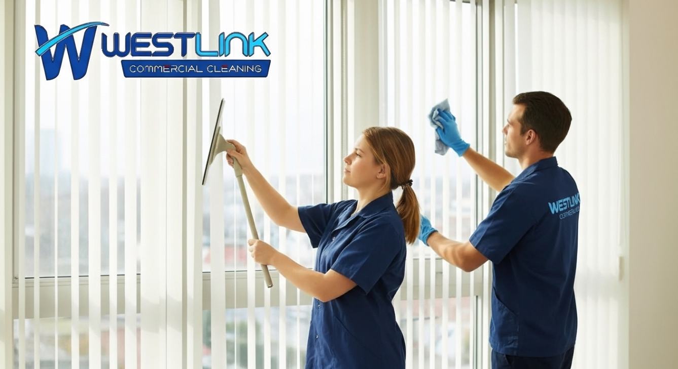 Commercial cleaners cleaning vertical blinds in an office with logo on uniforms.