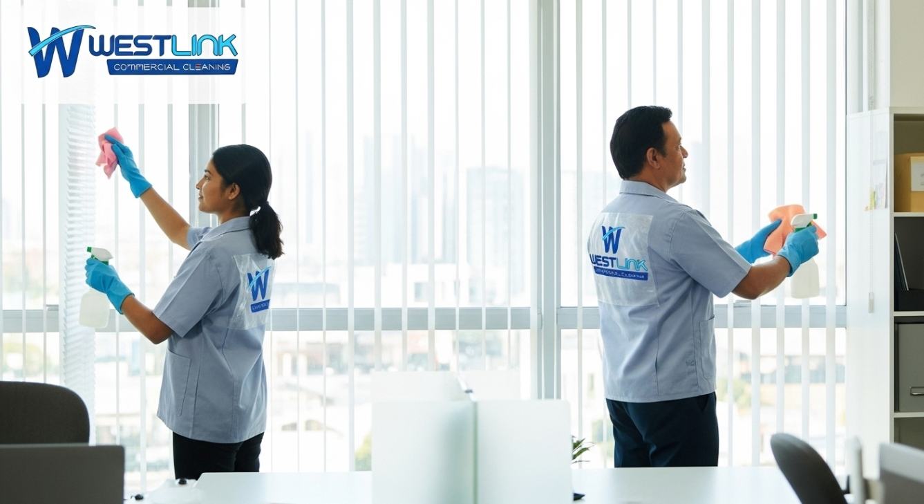 Eco-friendly commercial cleaning team cleaning vertical blinds.