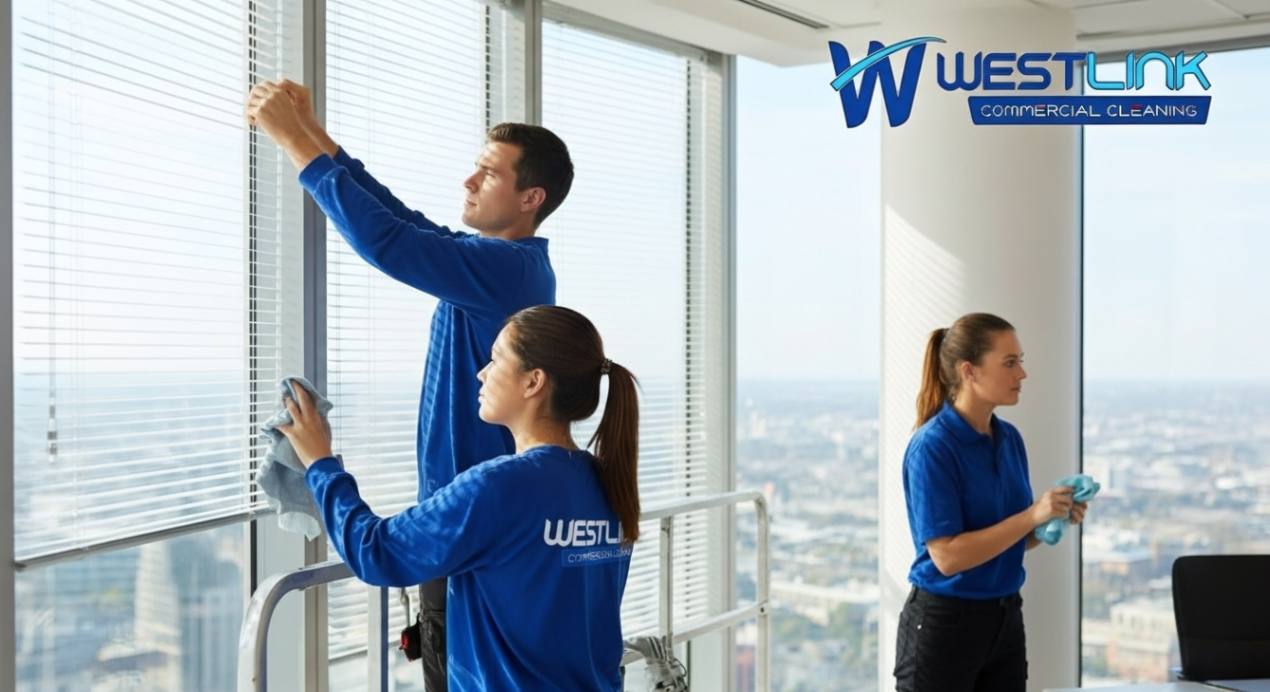 High-rise commercial window cleaning with vertical blinds and branded uniforms.