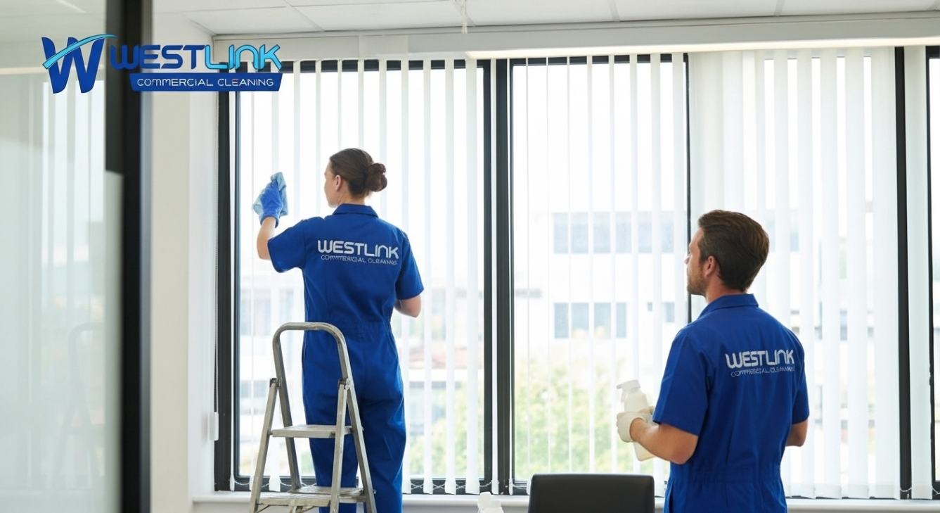 Conference room vertical blind cleaning with branded staff.